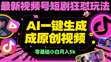 最新视频号短剧狂怼玩法，AI一键生成原创视频， 零基础小白月入5k资源站资源站