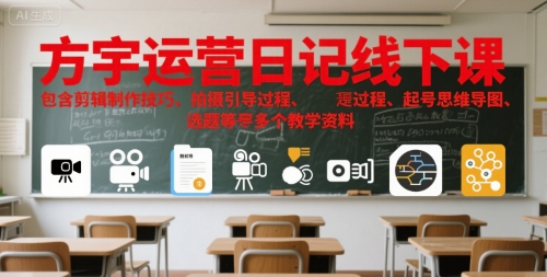 方宇运营日记线下课，包含剪辑制作技巧、拍摄引导过程、起号思维导图、选题等多个教学资料资源站资源站