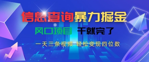信息查询暴力掘金，一天三条视频，轻松变现四位数，风口项目干就完了【揭秘】资源站资源站